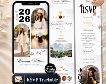 Graduation Website Invitation with RSVP: White Black gold Class of 2026 Grad Party Invite, Digital Graduation Party Evite, College Grad
