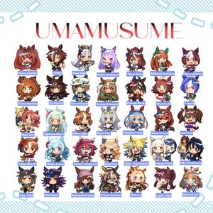 May include: A collection of chibi-style character illustrations from the "UMAMUSUME" series. Each character is depicted with unique hairstyles and outfits, with names like "Daiwa Scarlet" and "Vodka" displayed below. The artwork features vibrant colors and detailed designs.