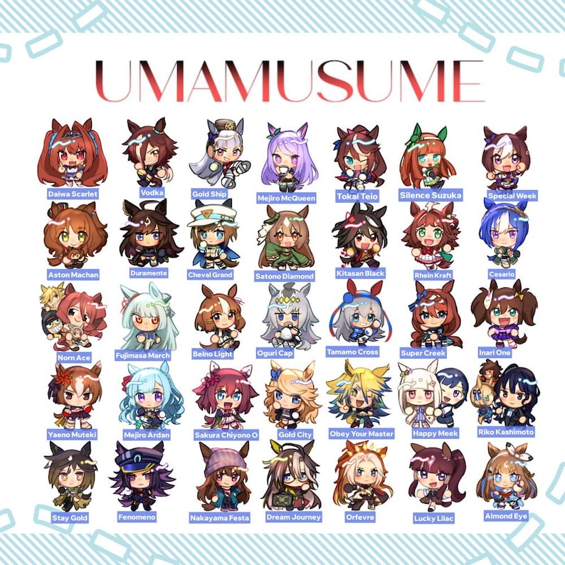 May include: A collection of chibi-style character illustrations from the "UMAMUSUME" series. Each character is depicted with unique hairstyles and outfits, with names like "Daiwa Scarlet" and "Vodka" displayed below. The artwork features vibrant colors and detailed designs.
