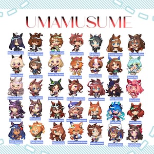 May include: A collection of 36 chibi-style character illustrations from the "UMAMUSUME" franchise. Each character has unique hair and outfits, with names below. The characters are in various poses and colors, with a white background.