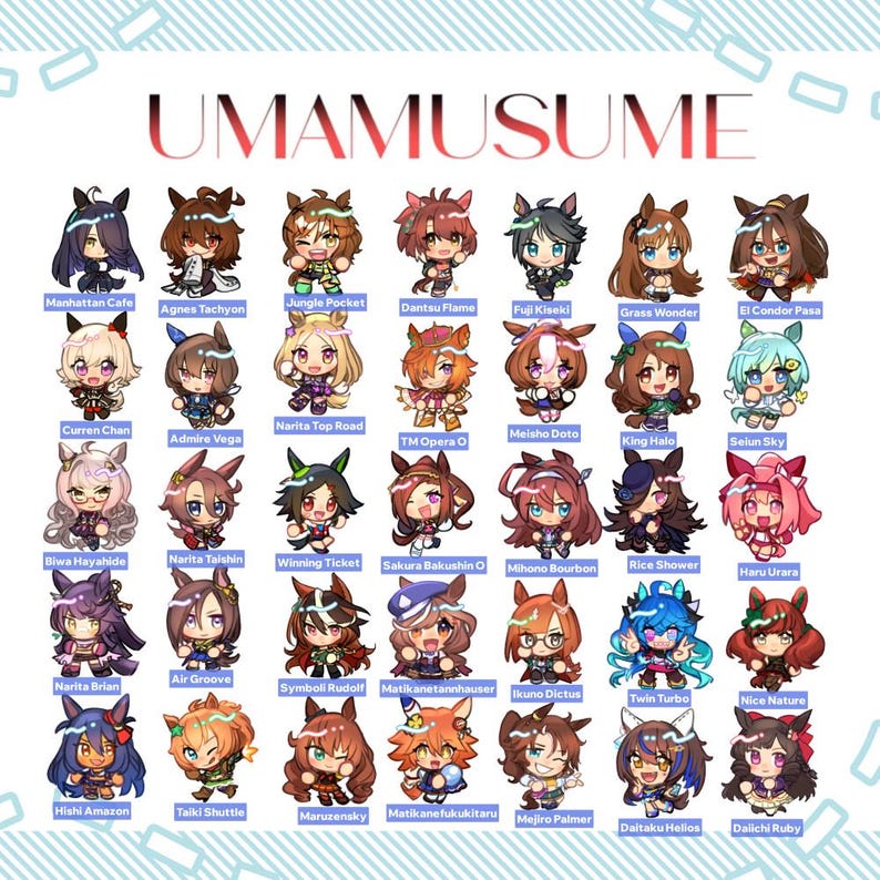 May include: A collection of 36 chibi-style character illustrations from the "UMAMUSUME" franchise. Each character has unique hair and outfits, with names below. The characters are in various poses and colors, with a white background.