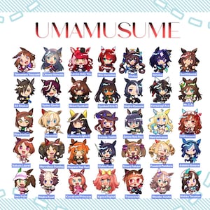 May include: A colorful graphic featuring numerous anime-style characters, each with unique hairstyles and outfits. The characters are labeled with names like "Tsurumaru Tsuyoshi" and "Chrono Genesis." The word "UMAMUSUME" is displayed at the top.