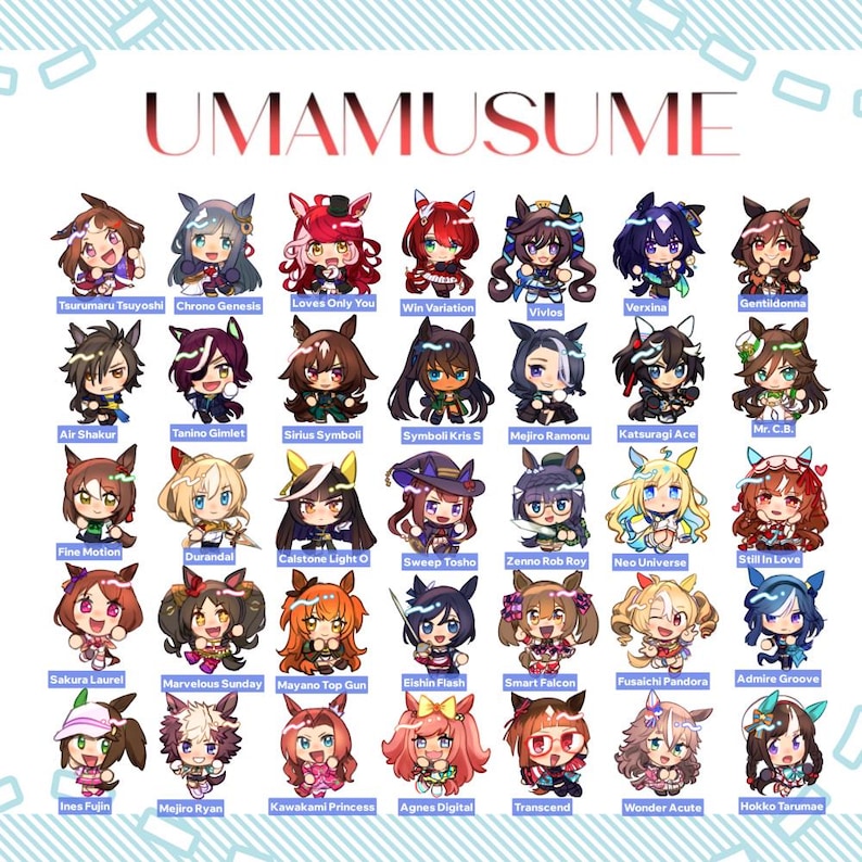 May include: A colorful graphic featuring numerous anime-style characters, each with unique hairstyles and outfits. The characters are labeled with names like "Tsurumaru Tsuyoshi" and "Chrono Genesis." The word "UMAMUSUME" is displayed at the top.