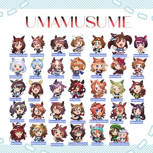 May include: A collection of 36 chibi-style character illustrations from "UMAMUSUME." Each character has unique hair and outfits, with names below. The characters are in various poses, with bright colors and detailed designs.