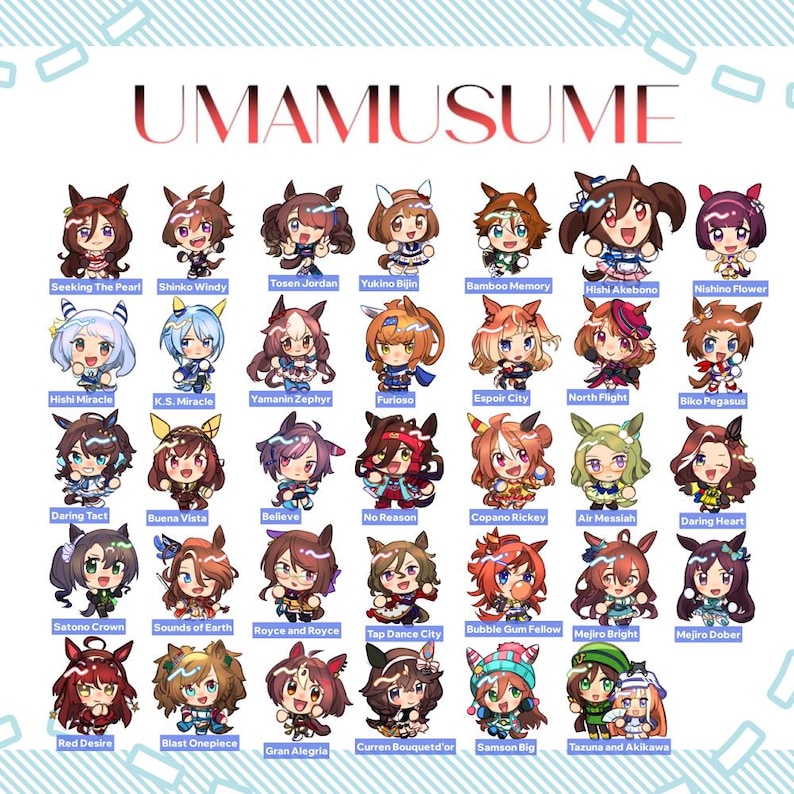 May include: A collection of 36 chibi-style character illustrations from "UMAMUSUME." Each character has unique hair and outfits, with names below. The characters are in various poses, with bright colors and detailed designs.