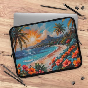 Tropical Paradise Laptop Sleeve - Vibrant Beach Summer Vibes Laptop Case - Hibiscus Beachside Shore Laptop Sleeve