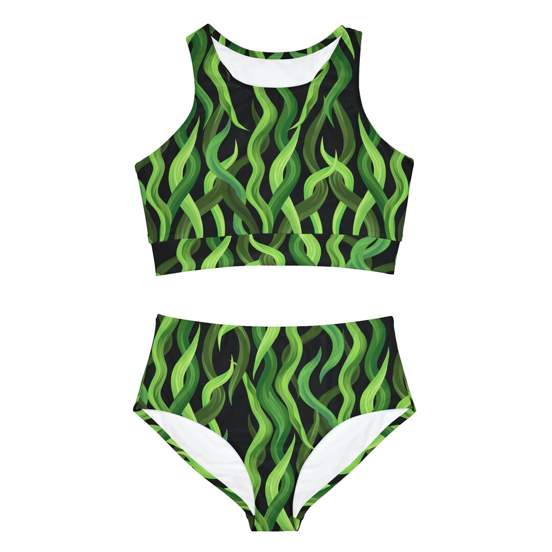 Sea Grass Pattern Sporty Bikini Set Green and Black Pattern Summer