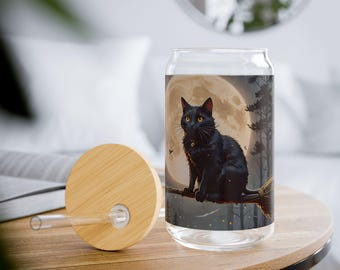 Black Cat flying on a Broomstick Sipper Glass, Mystical Full Moon Sipper Glass, Halloween Magic Sipper Glass
