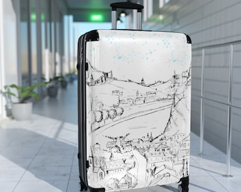 Village Sketch Suitcase - Starry Night Village Suitcase - Black and White Suitcase - Linear Sketch Suitcase - Cabin Suitcase