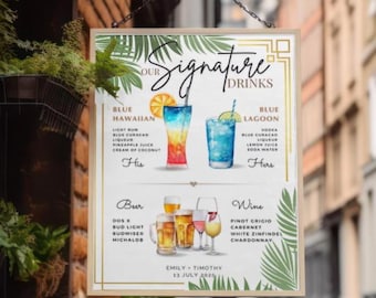 Menu bevande personalizzate - Menu bevande personalizzabili per eventi speciali - Menu bar personalizzato - Menu bevande personalizzabili con foglie di palma