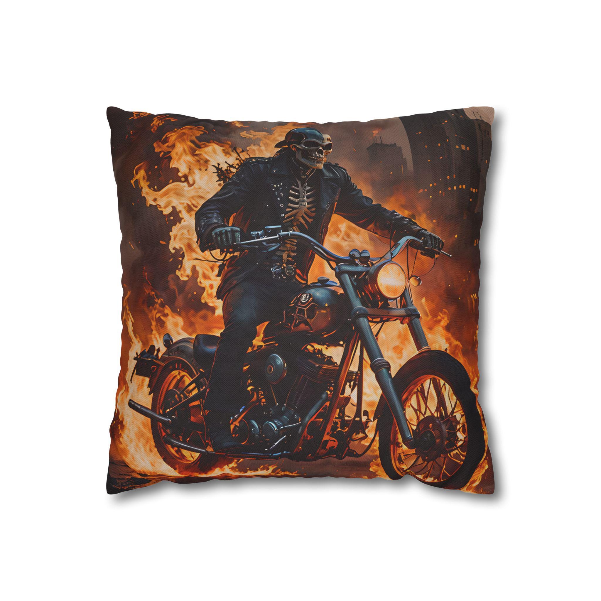 Skeleton on Motorcycle in a Fire Ball Pillow Cover - Skeleton Motorcycle Rider Pillow Cover