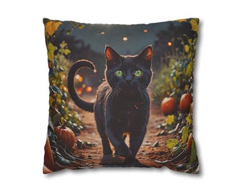 Midnight Black Cat Pillow Cover - Witch's Familiar Pillow Cover - Beautiful Black Cat Pillow Cover - Mystic Black Cat Pillow Cover