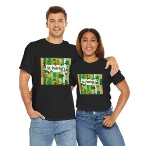 St Patricks Day Unisex Tee - Shamrock Irish Leprechaun Tshirt - Green Gold White Collage Shirt - St Paddys Day Top - Lucky Clover Clothes
