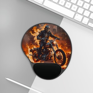 May include: A black and white skull riding a motorcycle through a fiery landscape. The motorcycle is surrounded by flames and smoke. The skull is wearing a black leather jacket and has a menacing expression. The background is a blurry cityscape.