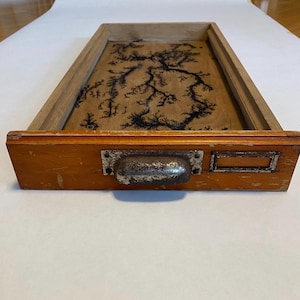 Könnte beinhalten: Eine Holzkiste mit einem Metallgriff und einem Etikett. Die Kiste ist geöffnet und das Innere ist mit einem Stück Holz mit einem schwarzen, verzweigten Muster ausgekleidet.