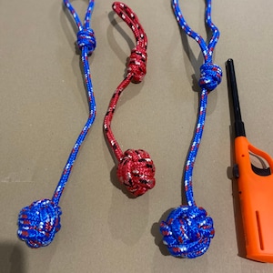 May include: Three blue and red rope toys with knots at the end. The rope toys are tied in a loop at the top. A lighter is in the background.