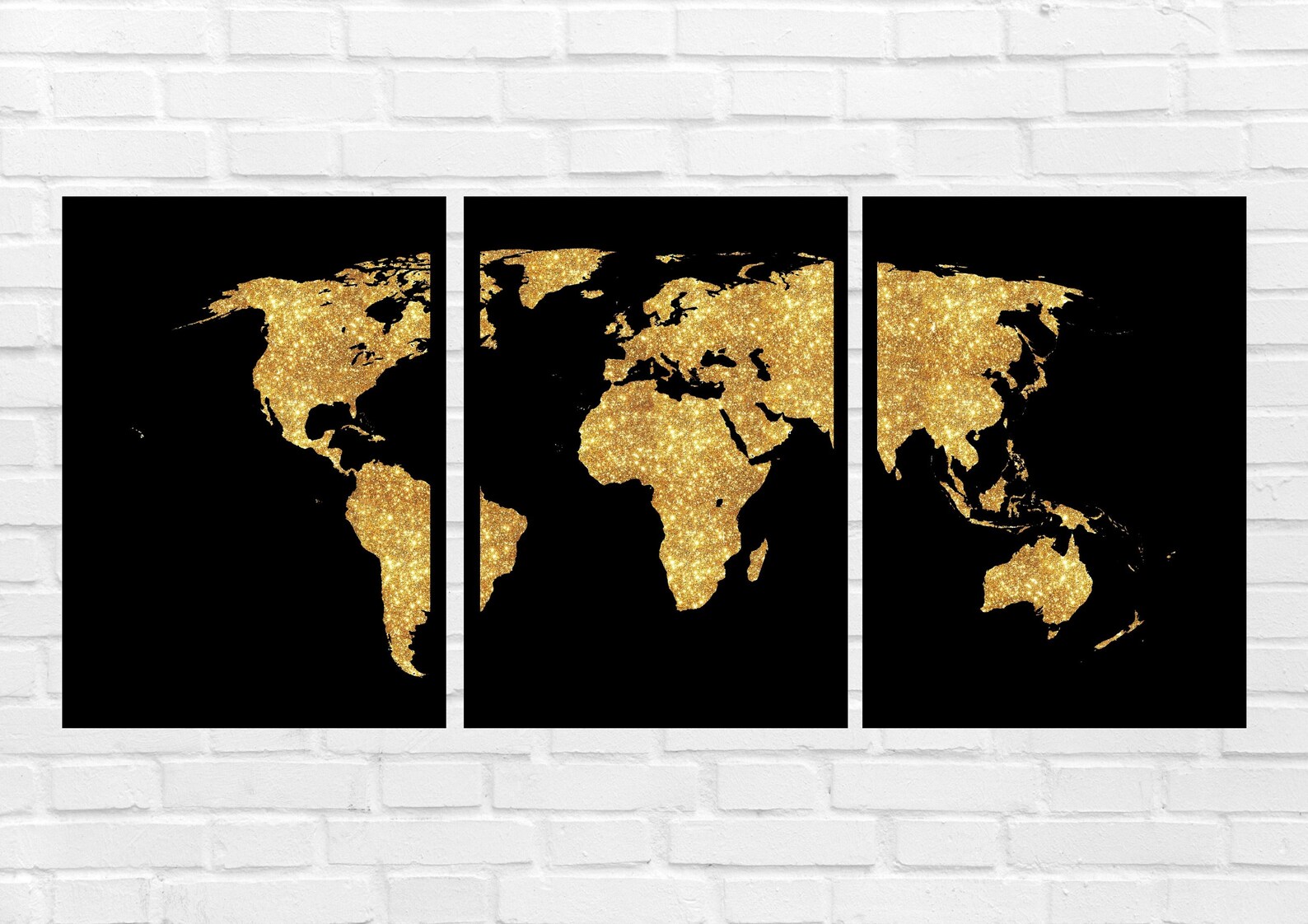 World Map set of 3 black and gold wall art World map wall art | Etsy