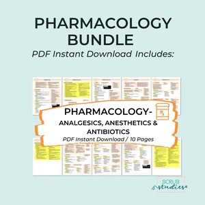 May include: A digital download bundle of 10 pages of pharmacology study notes. The notes cover analgesics, anesthetics, and antibiotics. The title is "Pharmacology - Analgesics, Anesthetics & Antibiotics".