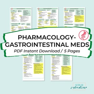 Pharmacology Gastrointestinal Meds | Nursing Student Study Guide | Digital Download | Antacids, Antidiarrheals, PPIs, Laxatives, Antiemetics