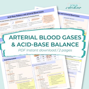 May include: A teal and white printable PDF document with the title "Arterial Blood Gases & Acid-Base Balance" and the subtitle "PDF Instant download / 2 pages". The document contains information about acid-base balance and arterial blood gases, including respiratory acidosis, respiratory alkalosis, and metabolic alkalosis.