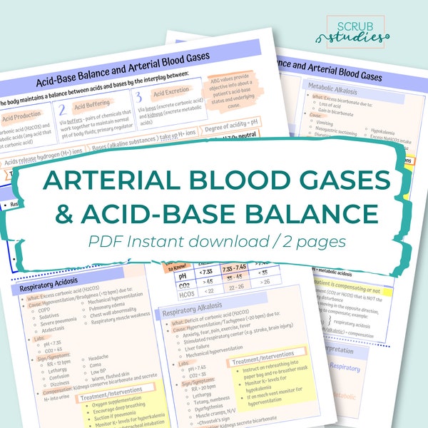 Arterial Blood Gases | Acid-Base Balance | ABG Interpretation | Nursing student study guide | Digital Download