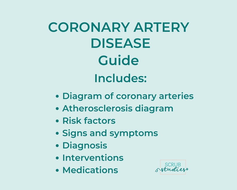 May include: A teal and white infographic titled "Coronary Artery Disease Guide" with a list of topics including "Diagram of coronary arteries", "Atherosclerosis diagram", "Risk factors", "Signs and symptoms", "Diagnosis", "Interventions", and "Medications". The infographic also includes the text "SCRUB studieso".