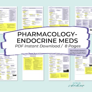 May include: A purple and white graphic with the text "PHARMACOLOGY-ENDOCRINE MEDS PDF Instant Download/8 Pages Also includes Women's and Men's Health Meds" and the text "SCRUB studieso". The graphic is surrounded by eight pages of text with yellow highlights.