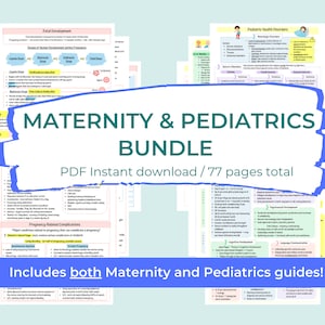 Pode incluir: Um gráfico azul e verde com o texto "Maternity & Pediatrics Bundle" em branco. O gráfico é rodeado por uma borda azul e tem o texto "PDF Instant download / 77 pages total" abaixo. O gráfico é rodeado por imagens de páginas de um guia sobre gravidez e pediatria.