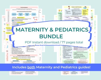 May include: A blue and green graphic with the text "Maternity & Pediatrics Bundle" in white. The graphic is surrounded by a blue border and has the text "PDF Instant download / 77 pages total" below it. The graphic is surrounded by images of pages from a guide about pregnancy and pediatrics.