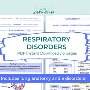 May include: A blue and white graphic with the text "Respiratory Disorders" in a large, bold font. The graphic also includes the text "PDF Instant Download / 6 pages" and "Includes lung anatomy and 5 disorders!" The graphic is surrounded by a blue border.