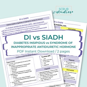 Diabetes Insipidus vs Syndrome of Inappropriate Antidiuretic Hormone | DI vs SIADH | Nursing study guide | Digital Download