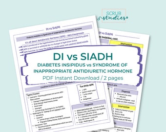 Diabetes Insipidus vs Syndrome of Inappropriate Antidiuretic Hormone | DI vs SIADH | Nursing study guide | Digital Download