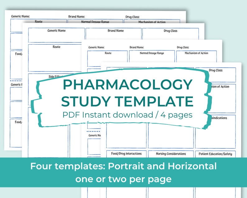 May include: A stack of four pharmacology study templates with a teal border. The templates are white with blue text and boxes for information. The text on the templates reads "Pharmacology Study Template" and "PDF Instant download / 4 pages."