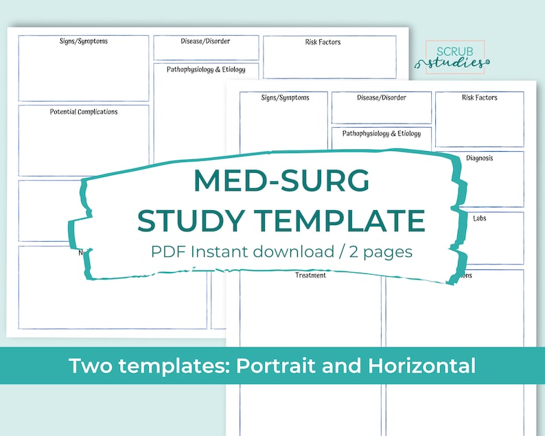 May include: A printable study template for medical-surgical nursing students. The template is divided into sections for signs and symptoms, disease or disorder, pathophysiology and etiology, risk factors, potential complications, diagnosis, labs, treatment, and interventions. The template is available as a PDF instant download and includes two pages: portrait and horizontal.