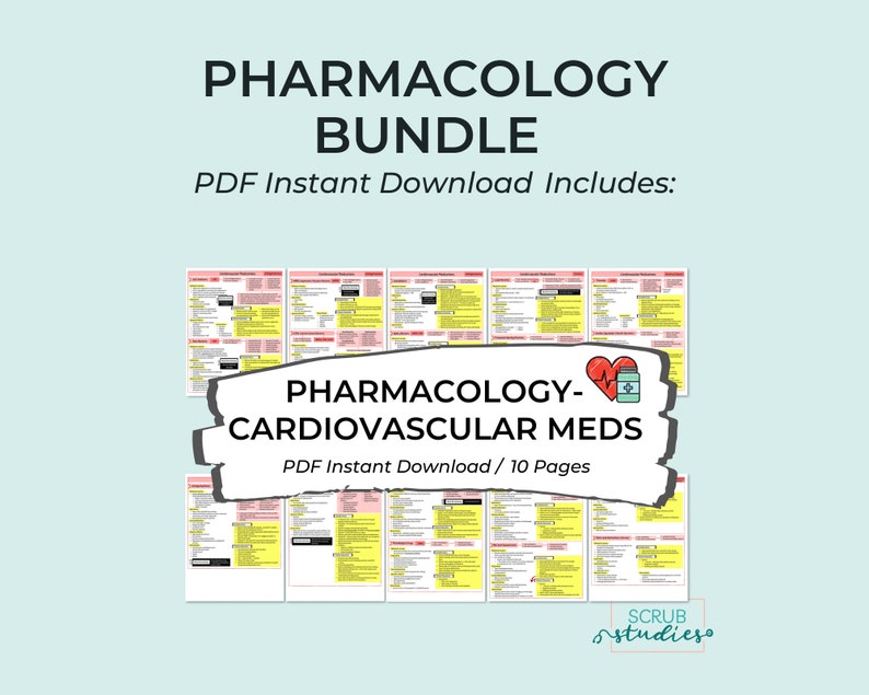 May include: A digital download bundle of 10 pages of printable pharmacology study guides for cardiovascular medications. The guides are in a yellow and red color scheme with a heart and pill icon. The text reads "Pharmacology - Cardiovascular Meds" and "PDF Instant Download / 10 Pages".