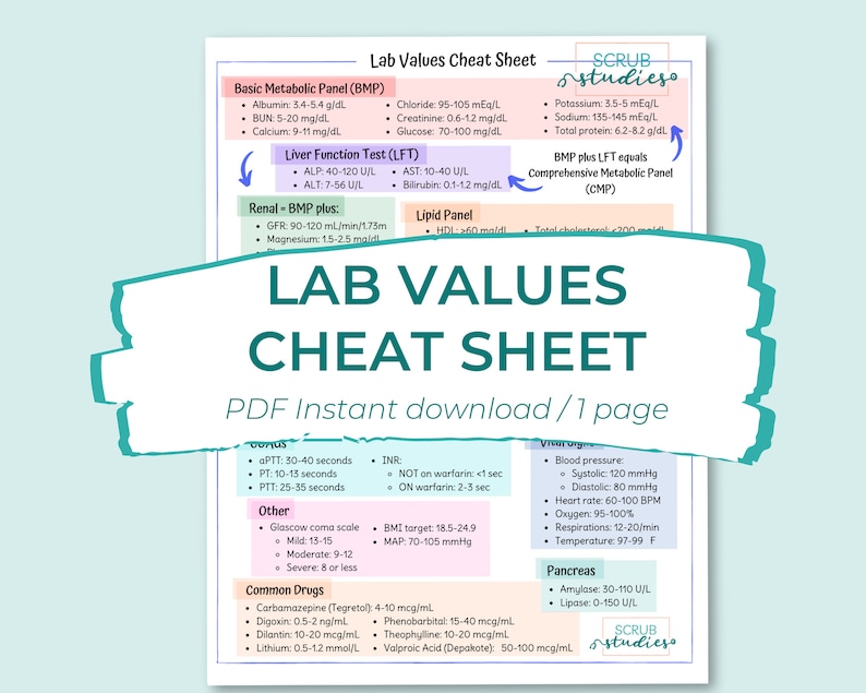 May include: A white lab values cheat sheet with blue and green accents. The sheet includes information on basic metabolic panels, liver function tests, and common drugs. Text on the sheet reads "Lab Values Cheat Sheet" and "PDF Instant download / 1 page."