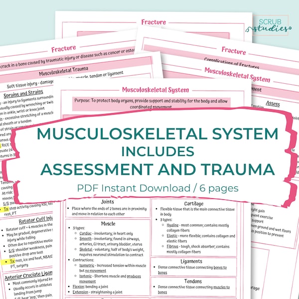 Musculoskeletal System | Trauma | Fractures | Sprains | Strains | RSI | CTS | Compartment Syndrome | Nursing study guide | Digital Download