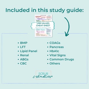 May include: A teal study guide graphic with the text "Included in this study guide:" and a list of medical topics such as BMP, LFT, and HbA1c. A smaller image of a "LAB VALUES CHEAT SHEET" is also included.