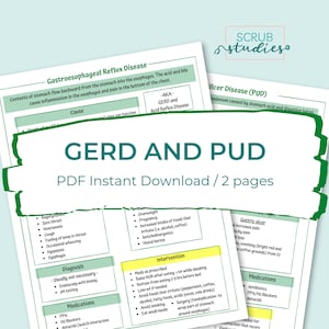 May include: A green and white PDF document with the title "GERD AND PUD" and the subtitle "PDF Instant Download / 2 pages". The document contains information about gastroesophageal reflux disease (GERD) and peptic ulcer disease (PUD).