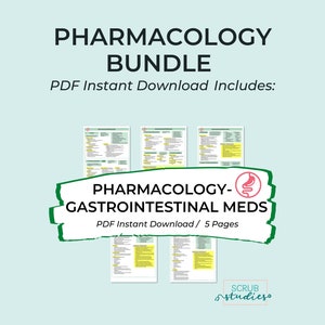May include: A green and white printable PDF bundle of pharmacology study guides for gastrointestinal medications. The bundle includes five pages of information and is available for instant download. The text "PHARMACOLOGY-GASTROINTESTINAL MEDS" is featured in a green and white banner with a red stomach icon.