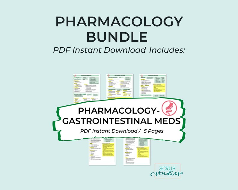 May include: A green and white printable PDF bundle of pharmacology study guides for gastrointestinal medications. The bundle includes five pages of information and is available for instant download. The text "PHARMACOLOGY-GASTROINTESTINAL MEDS" is featured in a green and white banner with a red stomach icon.