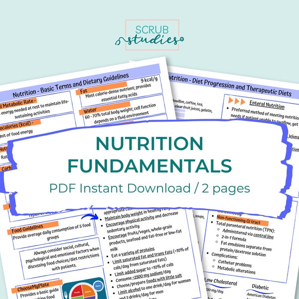 Nutrition Fundamentals | Nursing student study guide | Nursing sheets | Nursing Notes | Digital Download