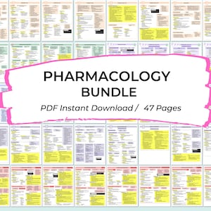 May include: A pink and white graphic with the text "PHARMACOLOGY BUNDLE" and "PDF Instant Download / 47 Pages". The graphic is overlaid on a collage of 47 pages of text, likely from a pharmacology textbook.