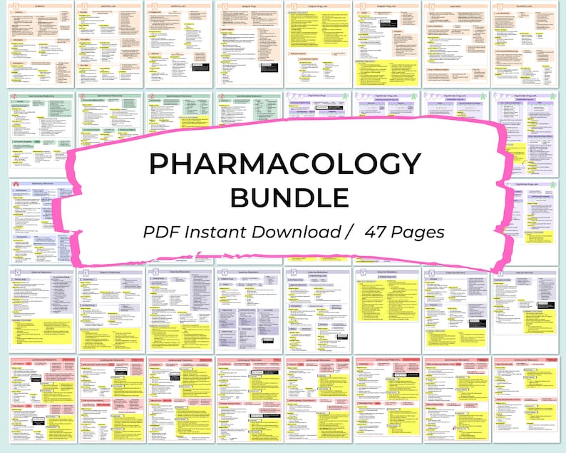 May include: A pink and white graphic with the text "PHARMACOLOGY BUNDLE" and "PDF Instant Download / 47 Pages". The graphic is overlaid on a collage of 47 pages of text, likely from a pharmacology textbook.