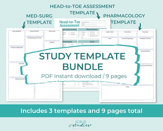 Nursing Study Template Bundle | Pharmacology Template | Med-Surg Template | Head-to-Toe Assessment Template | Digital Download