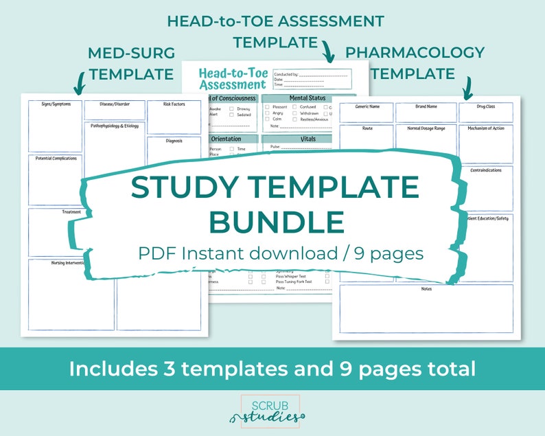 May include: A bundle of study templates for nursing students. The bundle includes three templates: Med-Surg, Head-to-Toe Assessment, and Pharmacology. The templates are available as a PDF instant download and include 9 pages total. The text includes "STUDY TEMPLATE BUNDLE" and "SCRUB studies".