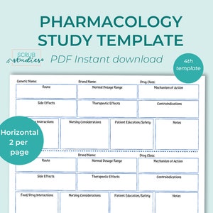 May include: A printable pharmacology study template with a blue and white colour scheme. The template is designed for students to organise their notes on different medications. The template includes sections for generic name, brand name, drug class, route, normal dosage range, side effects, therapeutic effects, mechanism of action, contraindications, interactions, nursing considerations, patient education/safety, and notes. The template is designed to be printed horizontally with two templates per page.