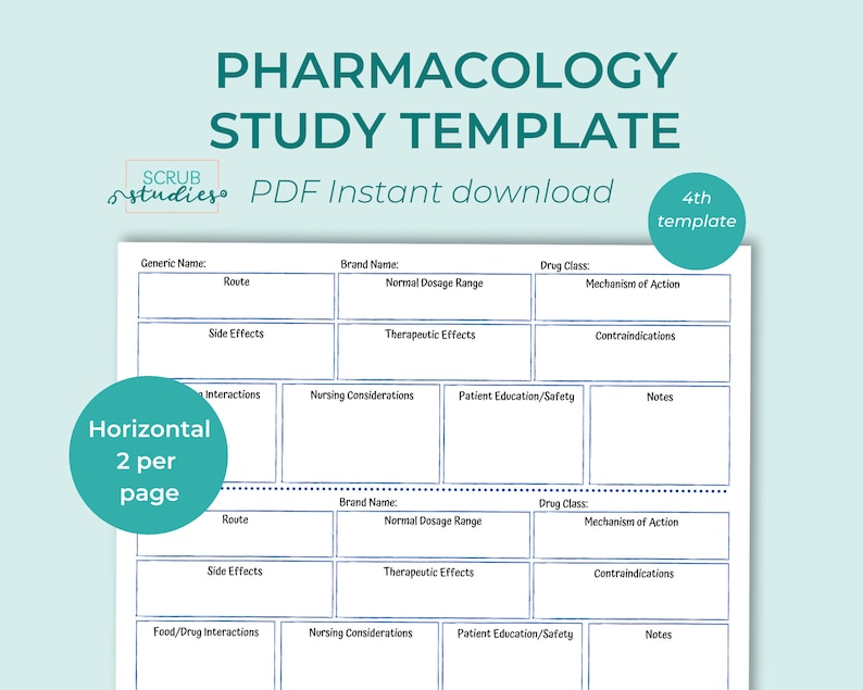 May include: A printable pharmacology study template with a blue and white colour scheme. The template is designed for students to organise their notes on different medications. The template includes sections for generic name, brand name, drug class, route, normal dosage range, side effects, therapeutic effects, mechanism of action, contraindications, interactions, nursing considerations, patient education/safety, and notes. The template is designed to be printed horizontally with two templates per page.
