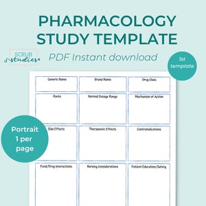 May include: A printable pharmacology study template with a grid layout. The template includes sections for generic name, brand name, drug class, route, normal dosage range, mechanism of action, side effects, therapeutic effects, contraindications, food/drug interactions, nursing considerations, and patient education/safety.