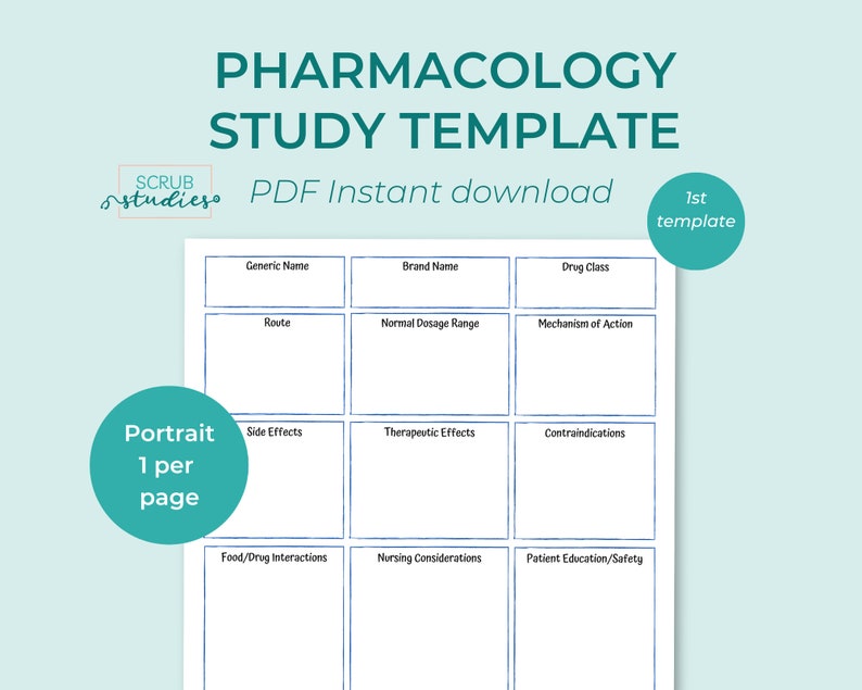 May include: A printable pharmacology study template with a grid layout. The template includes sections for generic name, brand name, drug class, route, normal dosage range, mechanism of action, side effects, therapeutic effects, contraindications, food/drug interactions, nursing considerations, and patient education/safety.